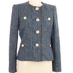 Kasper Black Blue Tweed Wool Blend Round Neck Blazer Jacket Size 10